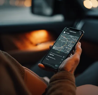 A passenger checking a live route map on a phone in the back seat of a car at dusk
