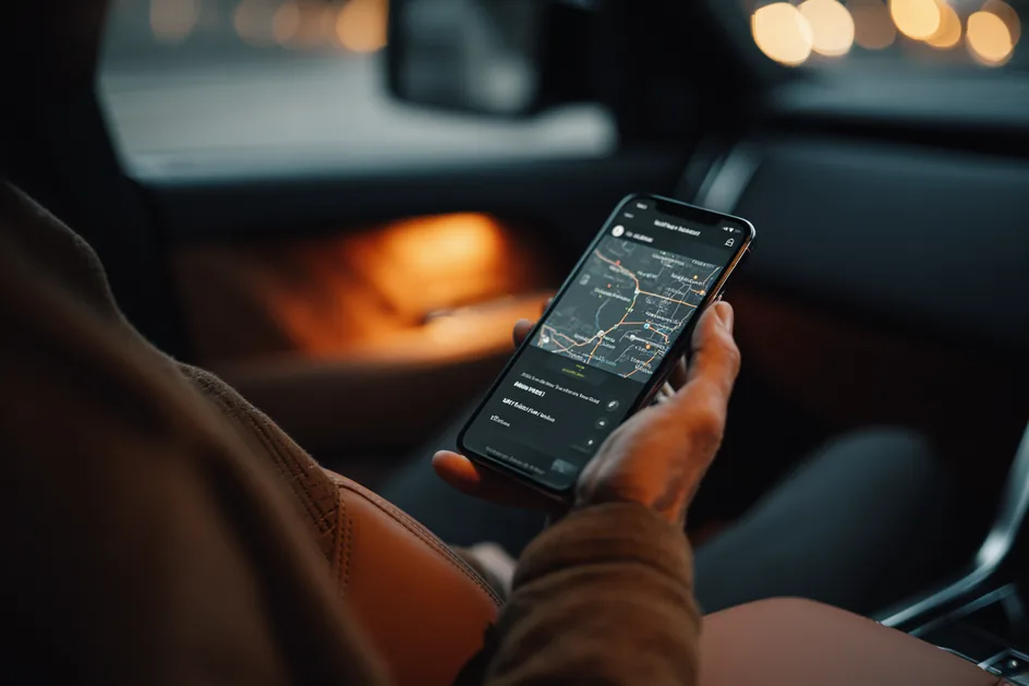 A passenger checking a live route map on a phone in the back seat of a car at dusk