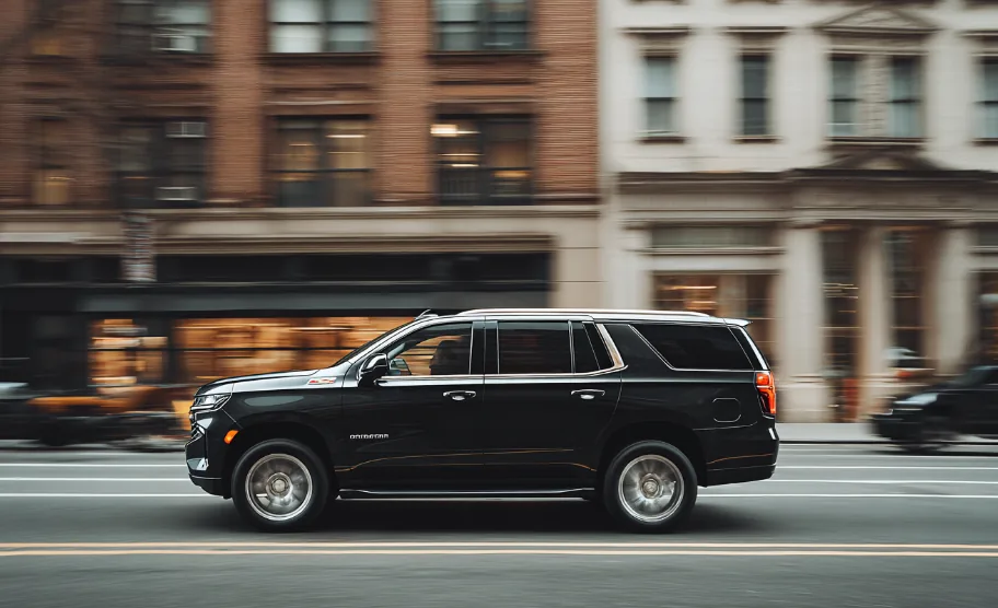 A black Chevrolet Tahoe moving along a city street past storefronts